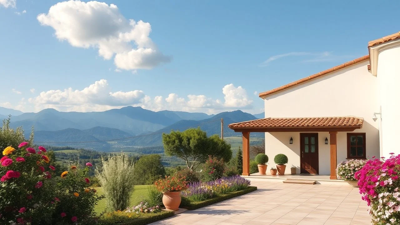 pretty moder villa wide flat tiled yard in country side nice flowers in sides,nice blue mountains at distant,white cloudes in blue sky