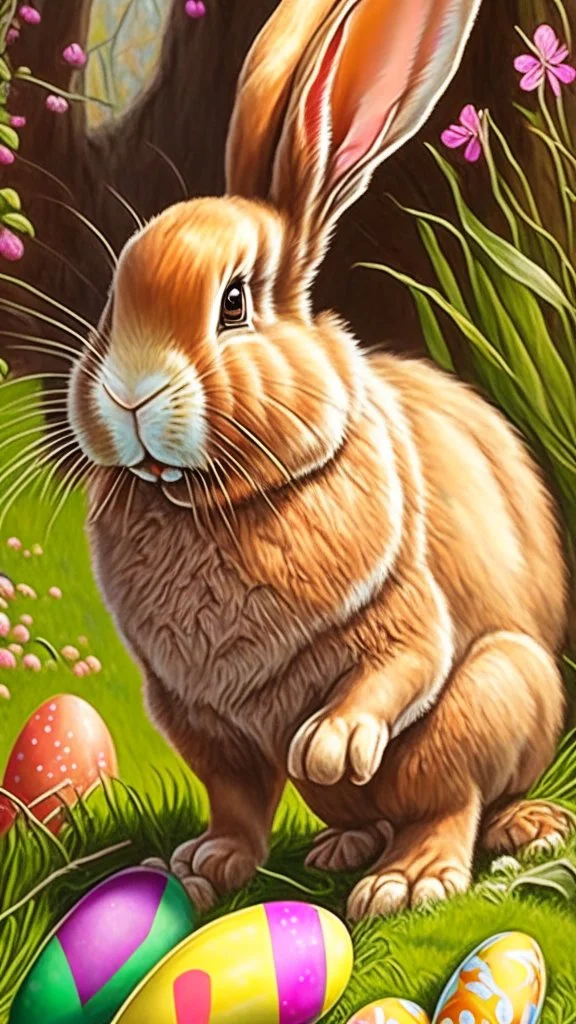 Easter bunny adventure, art, drawing, very realistic, detailed, vibrant colors.