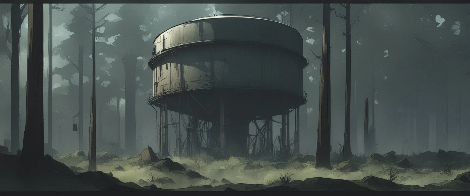 water tower, city overgrown, post-apocalyptic, comic book, forest, cinematic, from far away,
