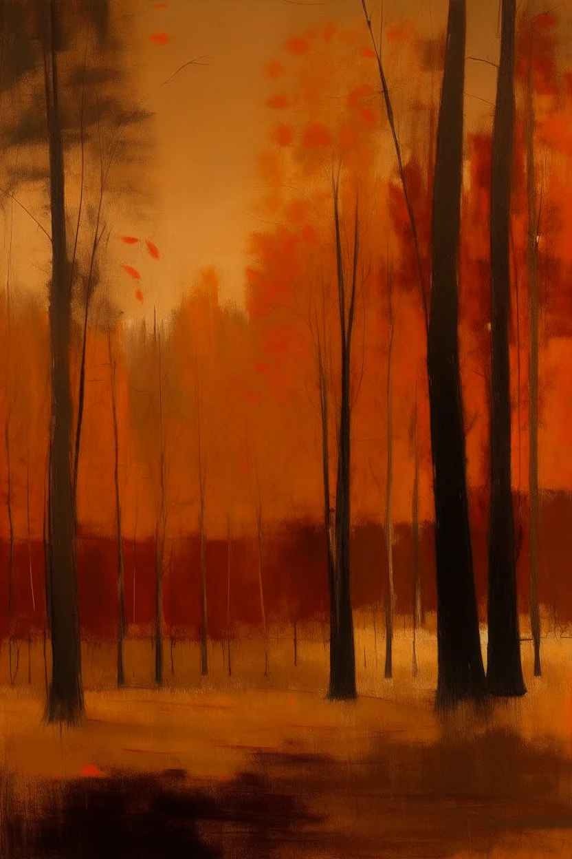 A dark orange autumn season woodland with falling leaves painted by Mark Rothko