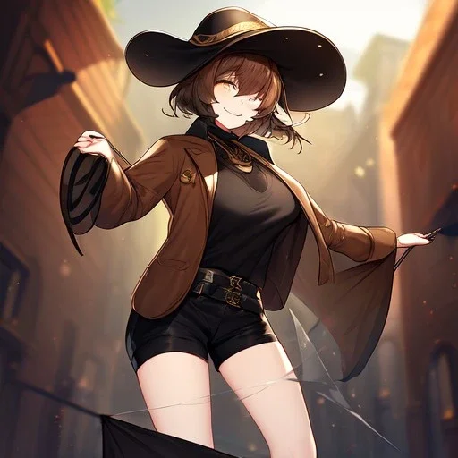 Clear focus, High resolution, short brown spiky hair, hair between eyes, eyes closed, wearing a brown detective hat, wearing a brown jacket and a black shirt, wearing black shorts, 1girl, pulling at down, smiling