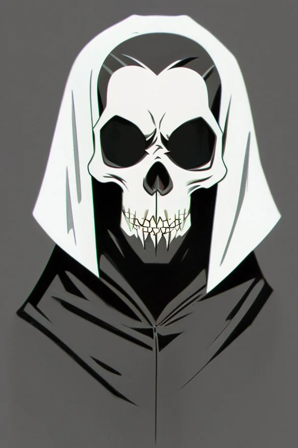 1950s goofy skull face character wearing a black hooded cloak, drawn in a early animation rubber hose animation style, inside a diamond shape on a black background, monochromatic