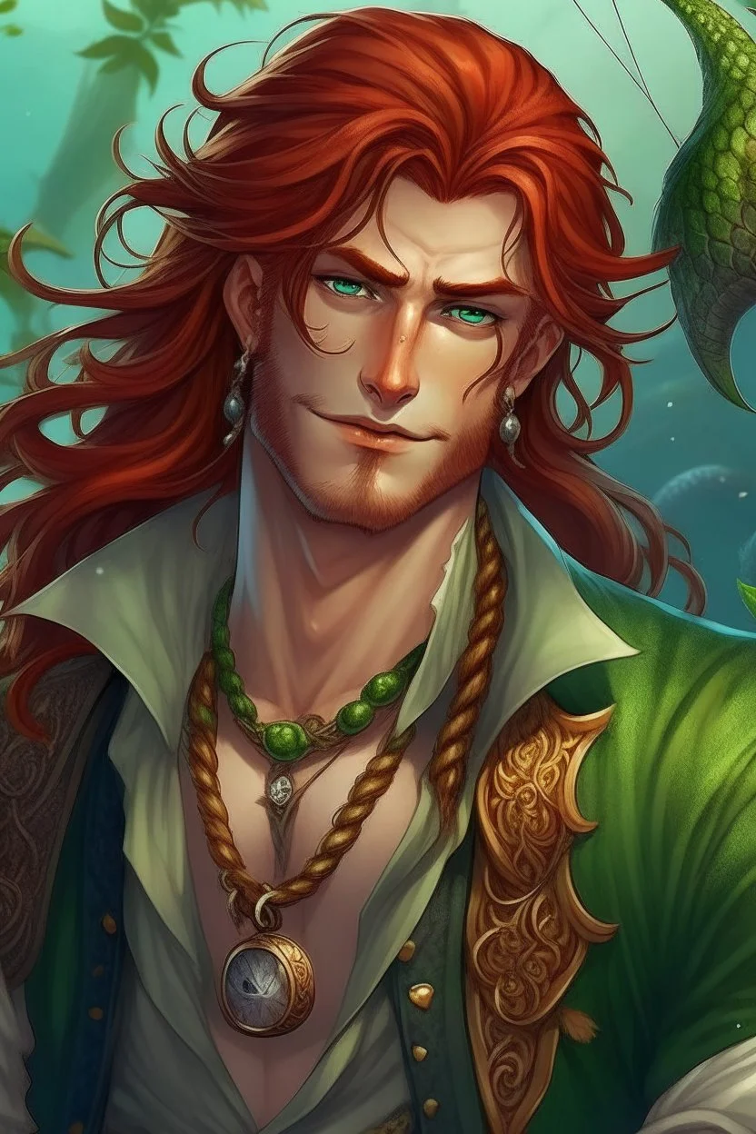 determinedwet pirate nereid male with auburn hair and seaweed