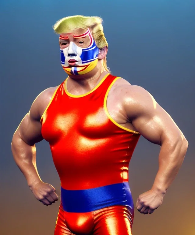 Realistic image of Donald trump wrestler, Mexican wrestling style, Mexican wrestling mask, chin and nose visibles, red and blue breeches, glow us flag dress, suspenders, retro style, 80s, vibrant color, highly detailed, sky background, concept art, unreal engine 5, god rays, ray tracing, RTX, lumen lighting, ultra detail, volumetric lighting, 3d, finely drawn, high definition, high resolution.