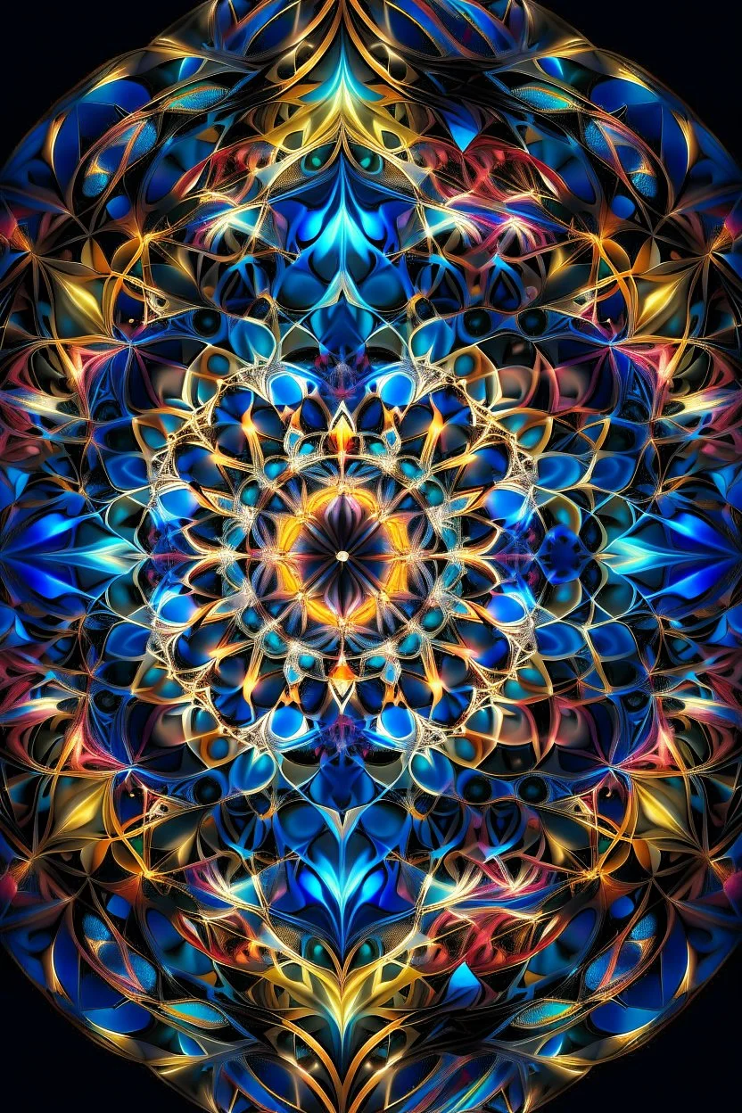 A mesmerizing digital artwork in fractal style, vibrant and abstract, showcasing a kaleidoscope of colors and intricate geometric patterns intertwined with organic shapes. The composition is symmetrical, with a focal point at the center, radiating energy and complexity. The colors range from bold and contrasting to subtle gradients, creating a sense of movement and depth. The image is detailed and precise, capturing the infinite complexity of fractal mathematics. The medium used is digital, allo