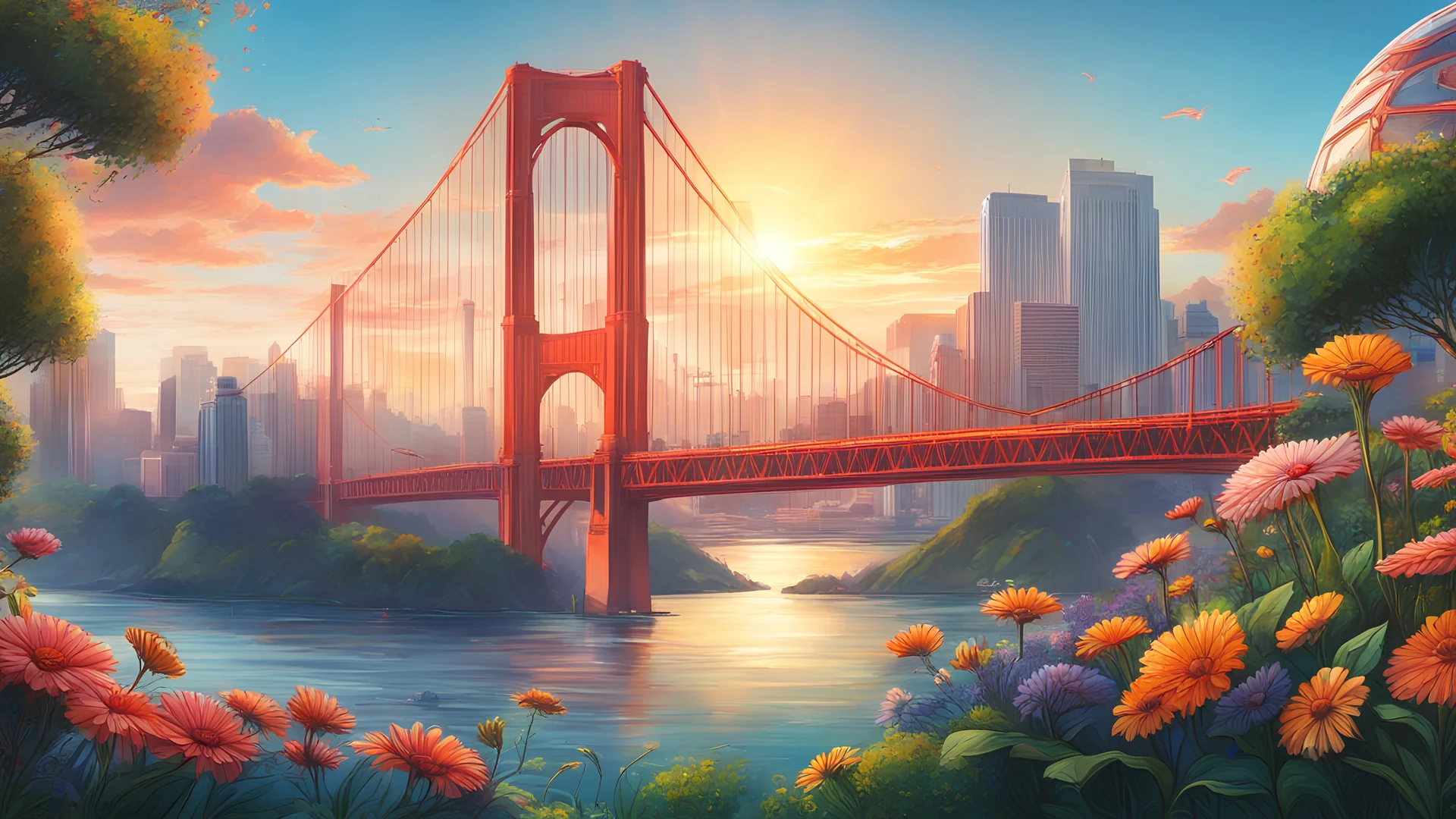 San Francisco Golden Gate Bridge, solar punk city, Dome like buildings, sunrise from the river, nice blue sky, vibrant, greenery, flowers