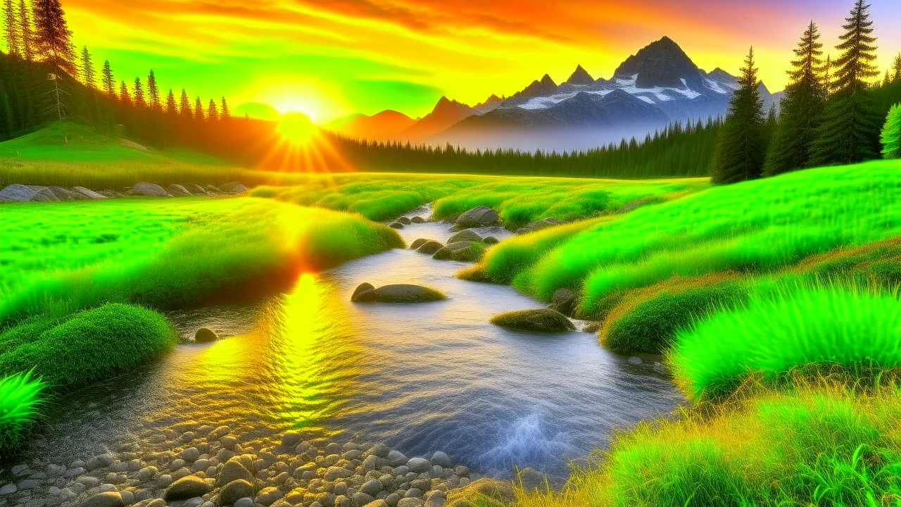 A view of breathtaking nature, at sunrise with a mountain stream and mountains in the background.