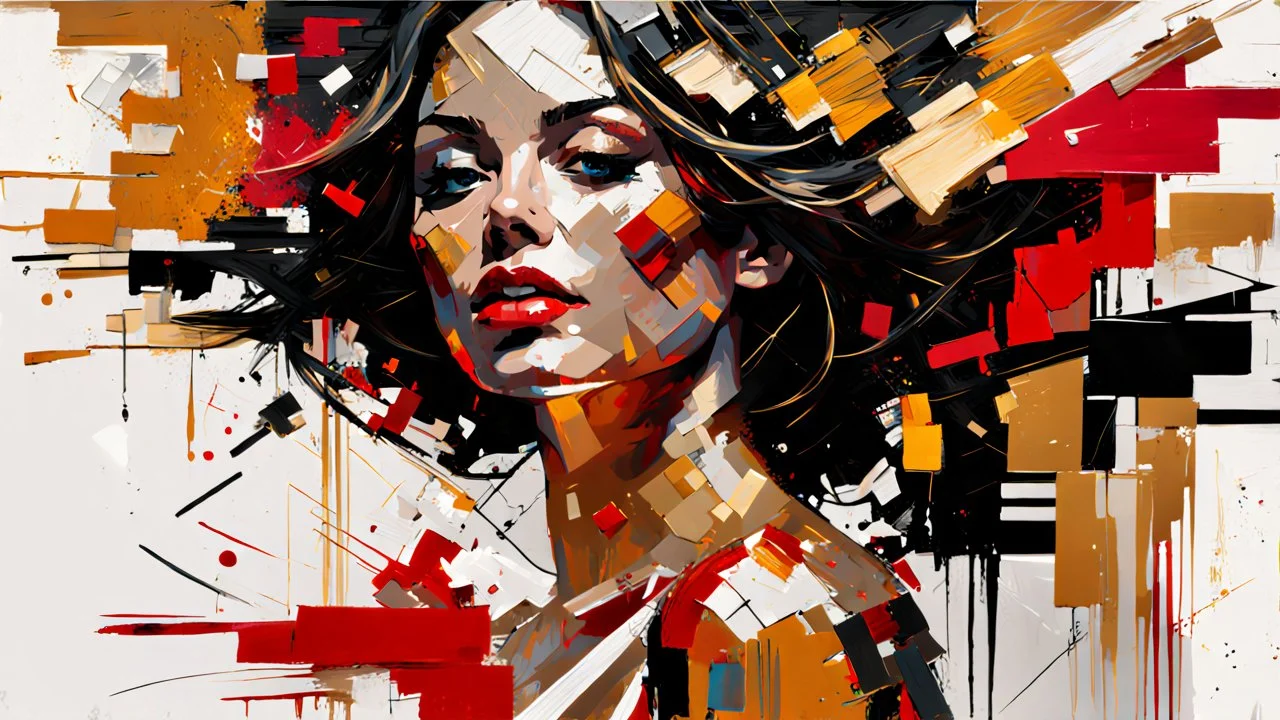 abstract oil painting, brush, beautiful woman, DEREK GORES black-red-gold. art style by Willem Henraetz, high-resolution data, Afremov, colorfully in the style of Kala Gajuma