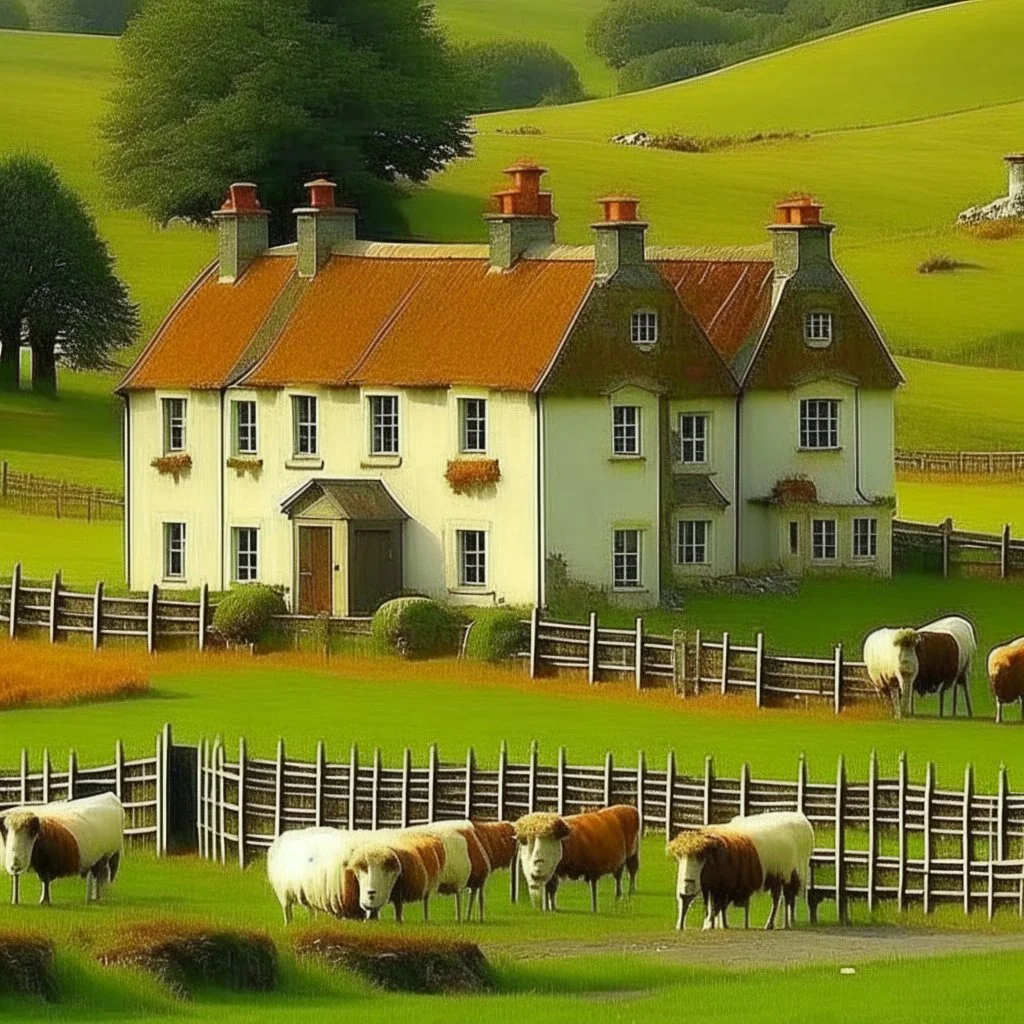 Farm house with cows and sheep