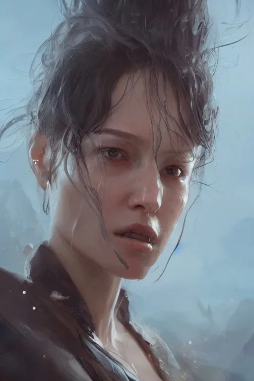 a female portrait, upclose, clear, majestic, flow, illustration, concept art, by Greg Rutkowski, Sung Choi, Mitchell Mohrhauser, Maciej Kuciara, Johnson Ting