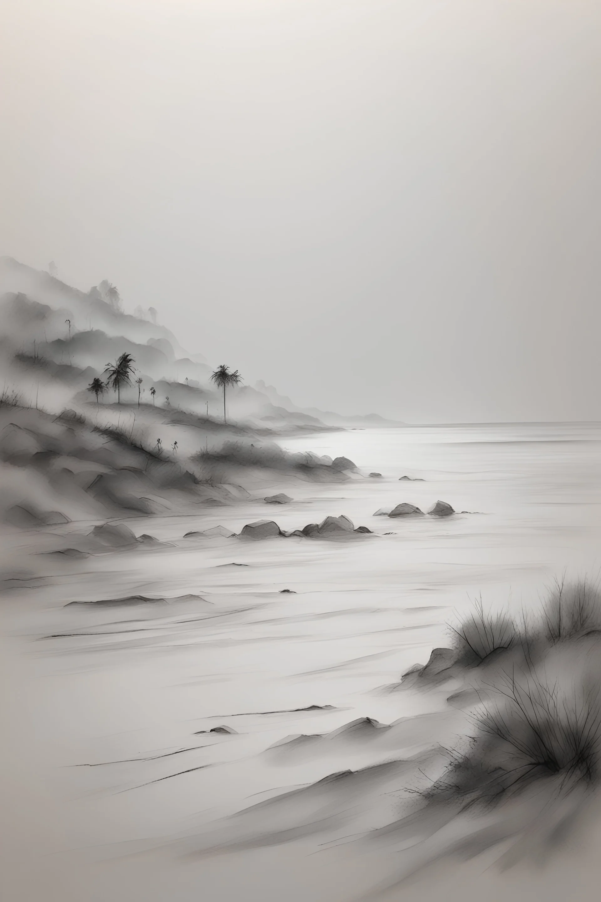 Beginner sketch Foggy grey beach with grey ocean with a village