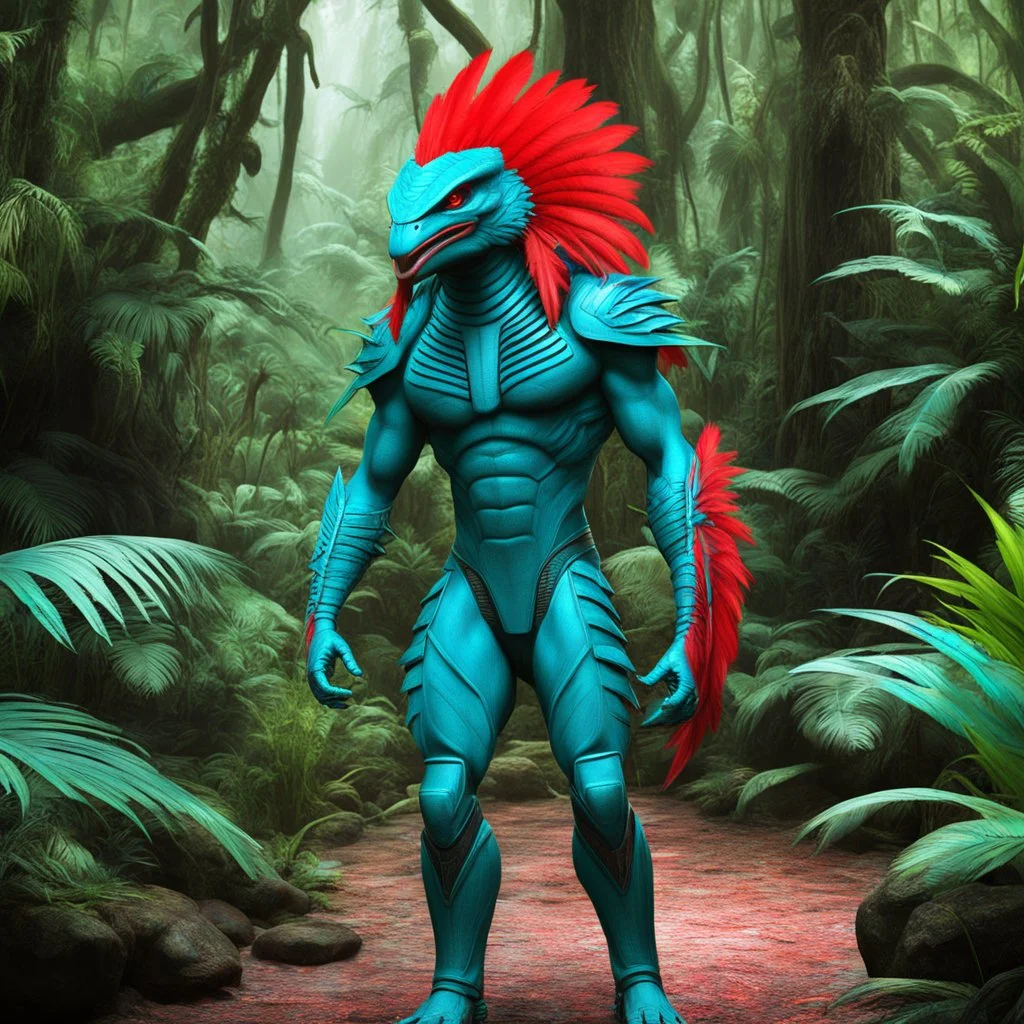 3D anaglyph red-cyan glasses required to watch a terrible alien Predator dressed in coloured feathers in the jungle