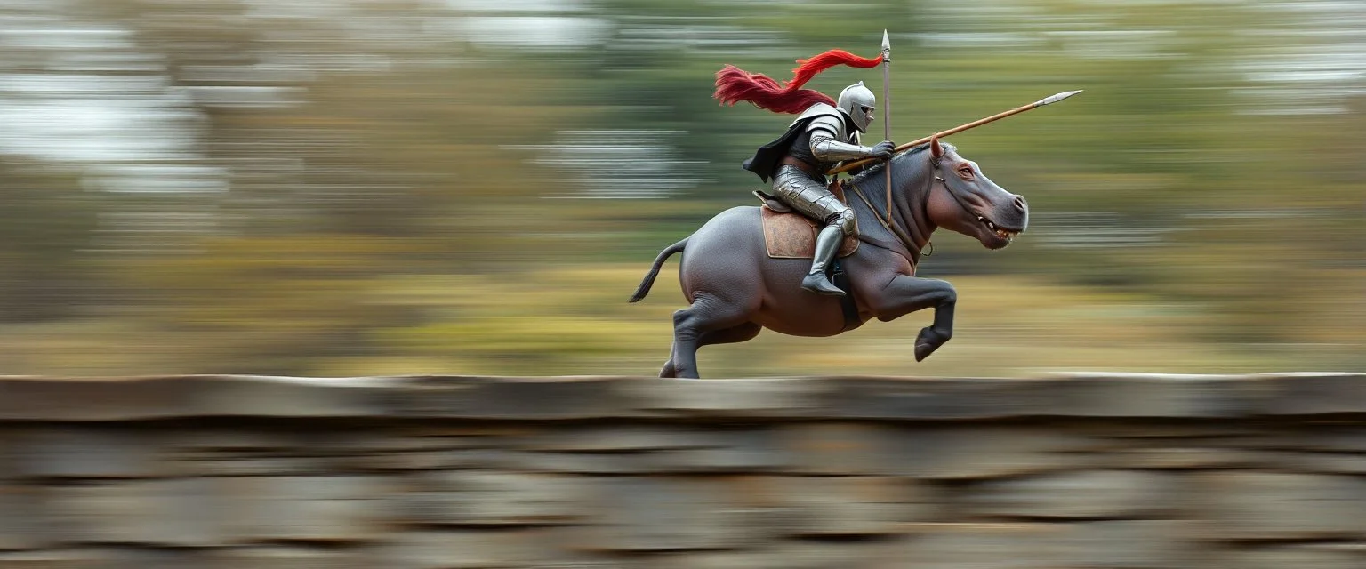 fast hippo hog kentaur jumping a wall with knight rider and lance, motion blurred background