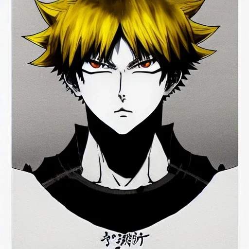 Detailed anime portrait of bakugo from my hero academia, gold hair and golden eyes, black suit, intricate details, full body portrait, keep head in frame, slight smile, black Japanese motif, concept art, highly detailed, digital painting, concept art, sharp focus, illustration, art by Yoji Shinkawa, WLOP and greg rutkowski and alphonse mucha and artgerm and yanjun Chen and Junji ito and Makoto Shinkai, HDR, octane render