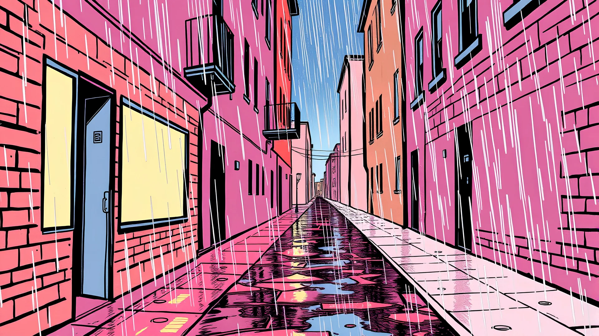 rainy alleyway, Steve Ditko, space, paper, graphic image, smooth motion, violet, carnation pink, rosy brown