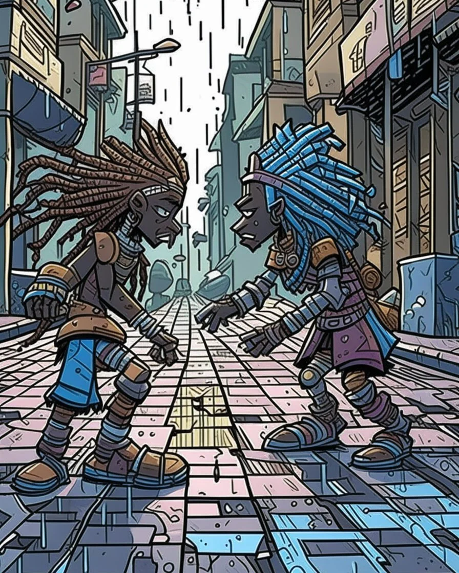 two arafed persons arguing in middle of street, yikes art, afrofuturism, arafed angularity, art cracking the road, angular aztec vibe, whimsical arafed nonsense, patchwork vibe, (((side view))) two arafed cyberlords fighting each other in a rainy whimsical downtown street with extreme body action and with (((exaggerated body parts))), (((oversize head))), sharp color contrasts, amazing shadows, (((exaggerated limbs and head))), minimal cozy, warm palette, bright bold warm summer colors