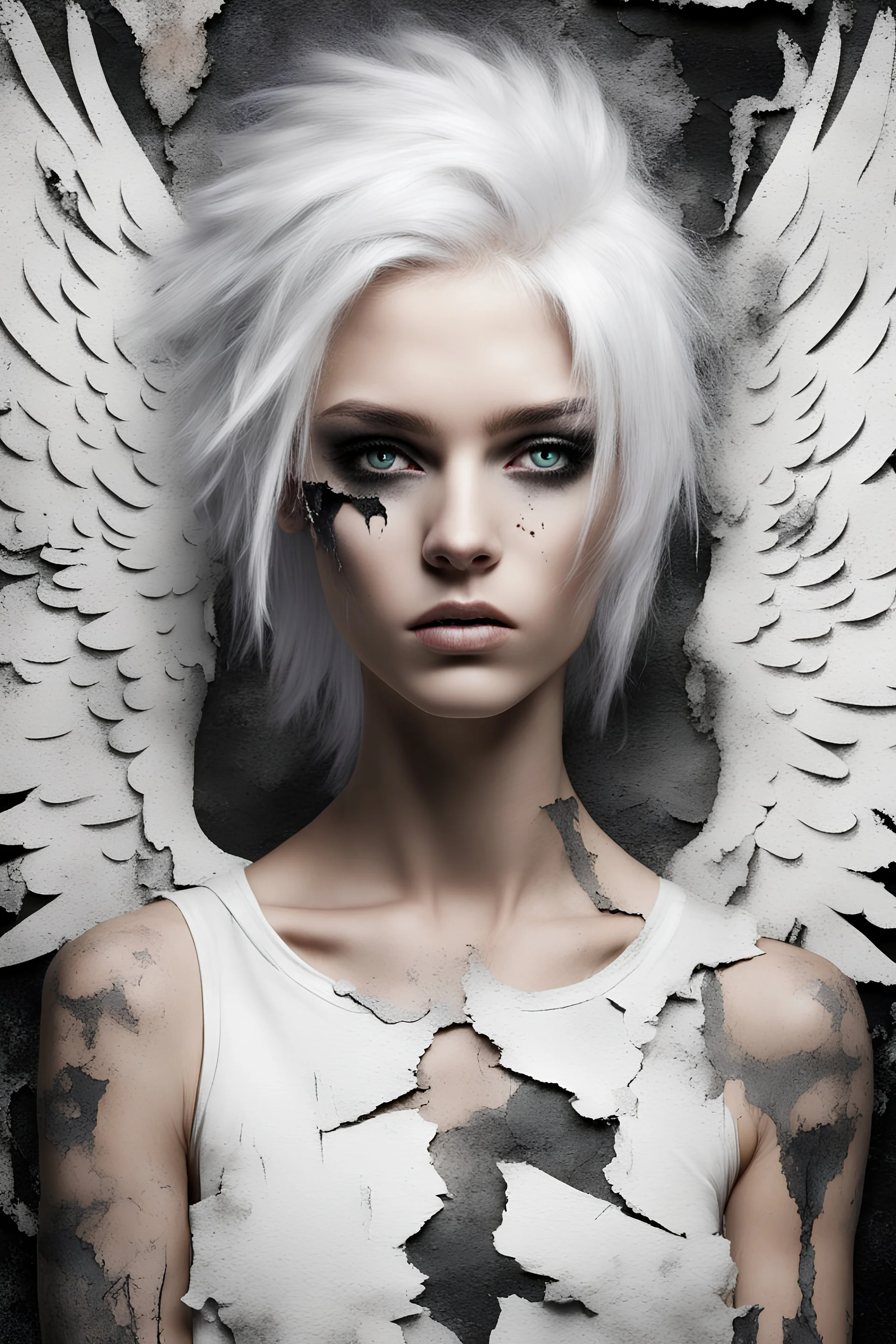 Punk, Angel, portrait, white hair, background old canvas torn cracks, mystical