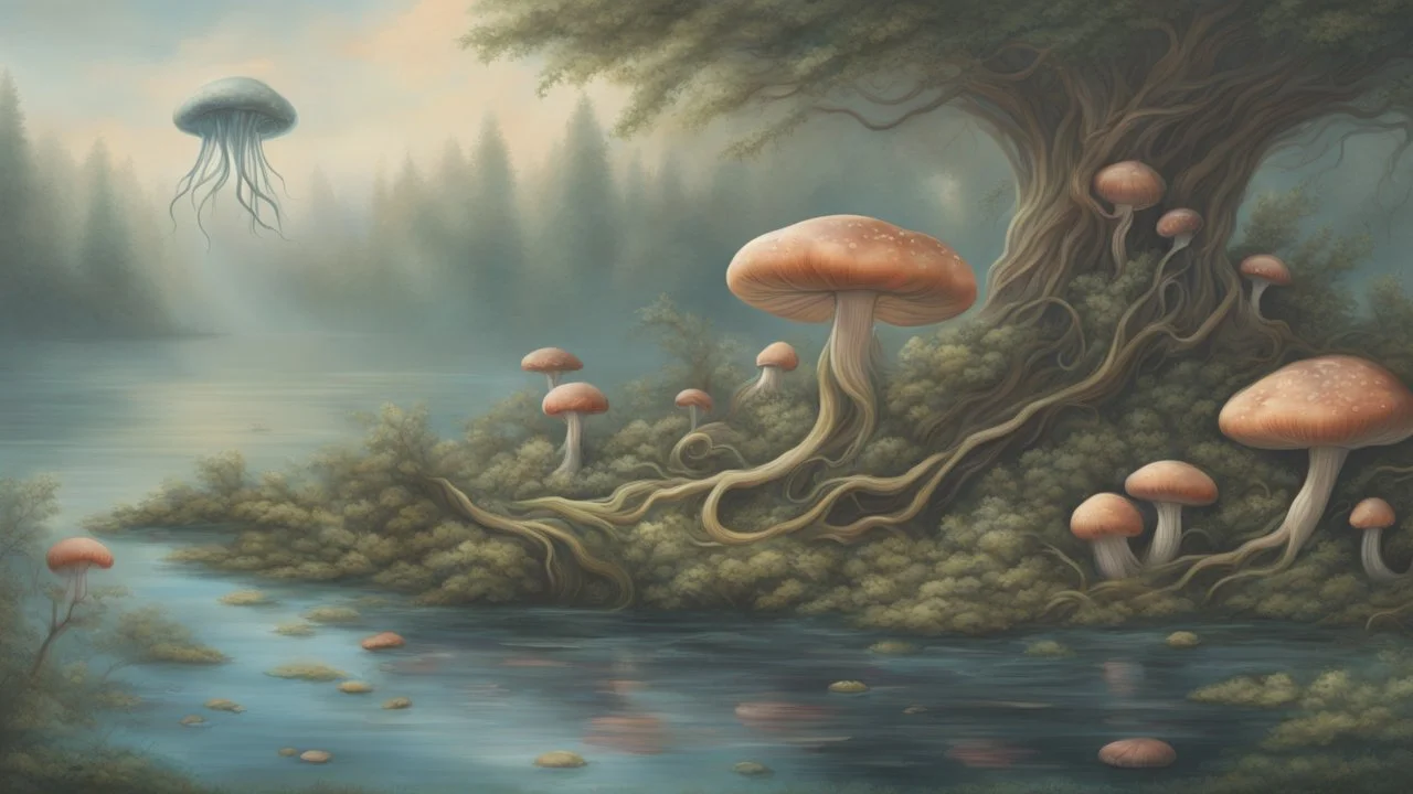 floating alien mushrooms with jellyfish tentacles, rampant foliage, and vines, next to a lake, photorealistic, Intricate Detail"