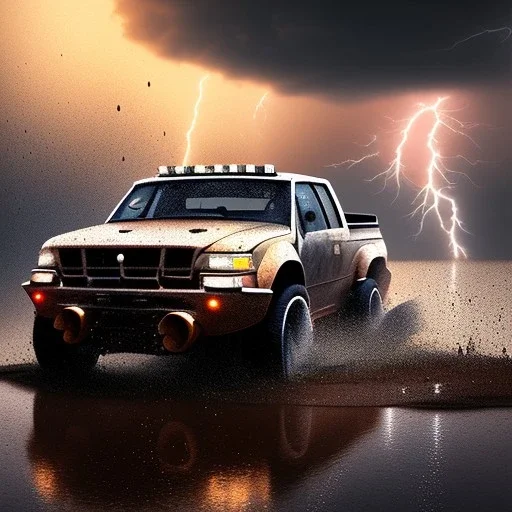 hyperrealistic shot, off-road truck, speeding, earth color palette, sharp focus, puddle reflection, tire water splash, refraction, rain and lightning on the horizon, shadowcast, detailed and intricate, cinematic composition, micro, tilt shift photography