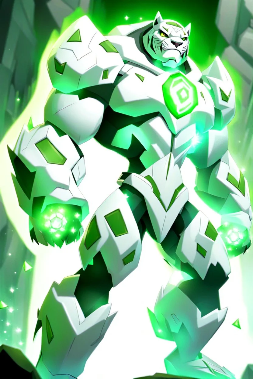 A new space creature from Ben 10 cartoon. Strong and graceful. From the White Tiger faction. Advanced hybrid metal golem. And the diamonds. He has a glowing green tattoo in the shape of old magic words