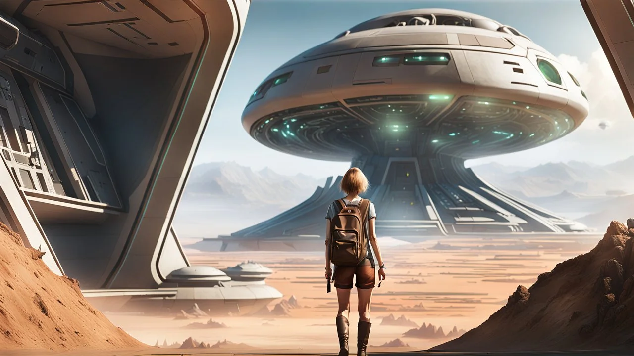 A photorealistic image of a slender 60-year-old woman, in brown shorts, a shirt and boots, with a backpack, standing on a hill looking down on a futuristic derelict sci-fi spaceport with spaceships and alien buildings.
