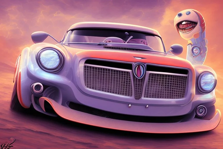 whimsical cartoon car with big eyes and its front grill forming a friendly smile