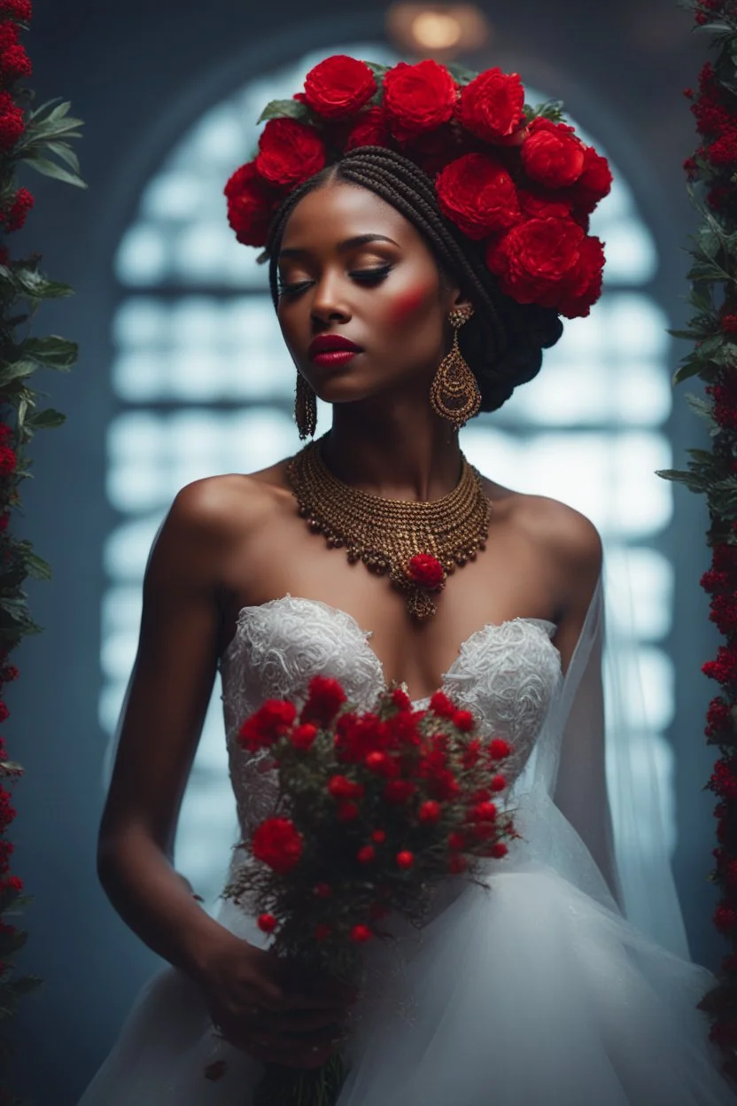 portrait of a female African , braided hair. wearing a beautiful wedding dress Carrying a red flowers ,High resolution. 4K. 8K. Fantasy style.