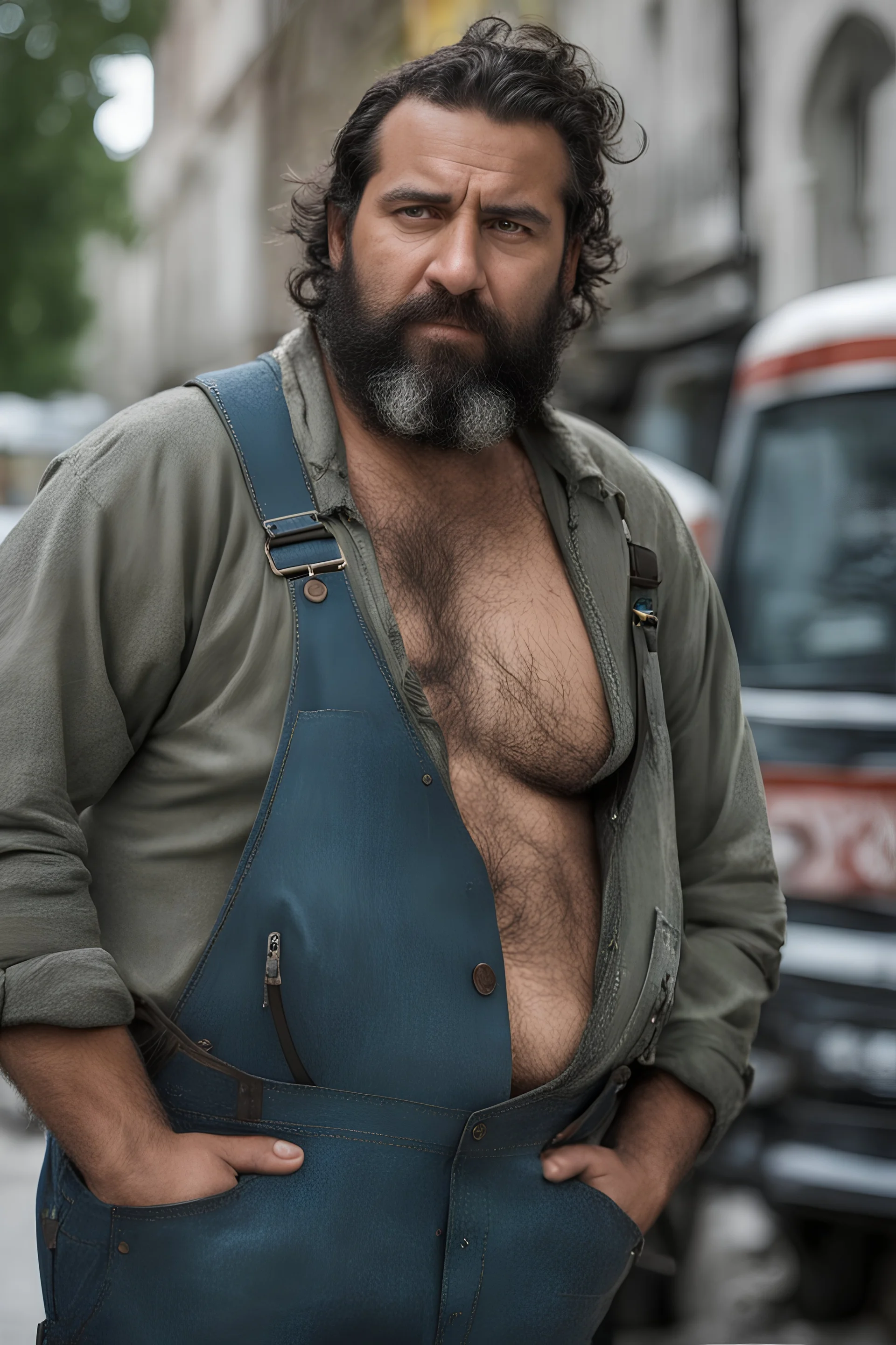 close up photography of an ugly 36 year old chubby robust burly turkish homeless, wearing his work unbuttoned bulging overalls, bulge, shirtless, leaning with his back to his van, arms folded and emotive look, ajar mouth, hairy chest, , very virile, short black beard, shaved hair, sweat, , in a sunny street, photorealistic , frontal view from the ground