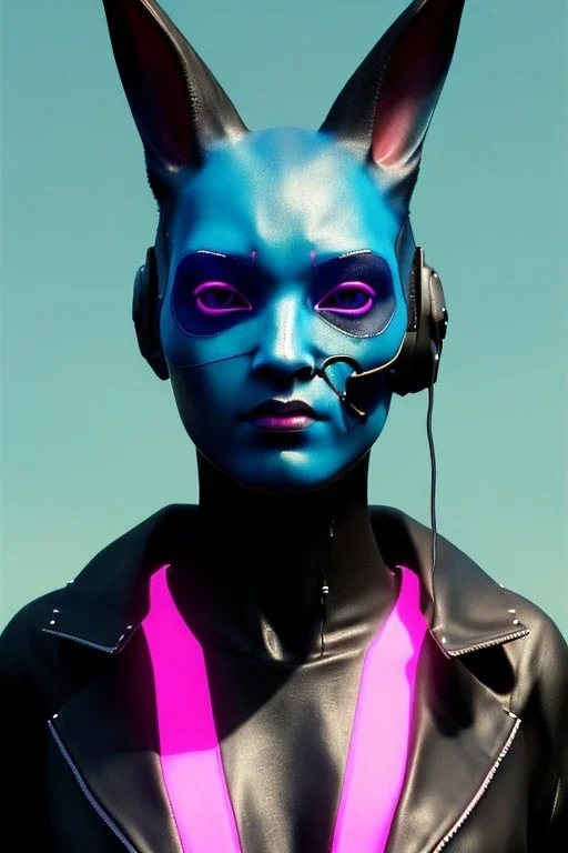 Medium Close Up Portrait, Front image. cyberpunk, rabbit mask, sweet woman, black hair and beard. latex suit army. Pink, black, blue, color. Cyberpunk style. Color background, photo studio. Avatar image, highly detailed, concept art, smooth, unreal engine 5, ray tracing, RTX, lumen lighting, ultra detail, volumetric lighting, 3d, finely drawn, high definition, high resolution.