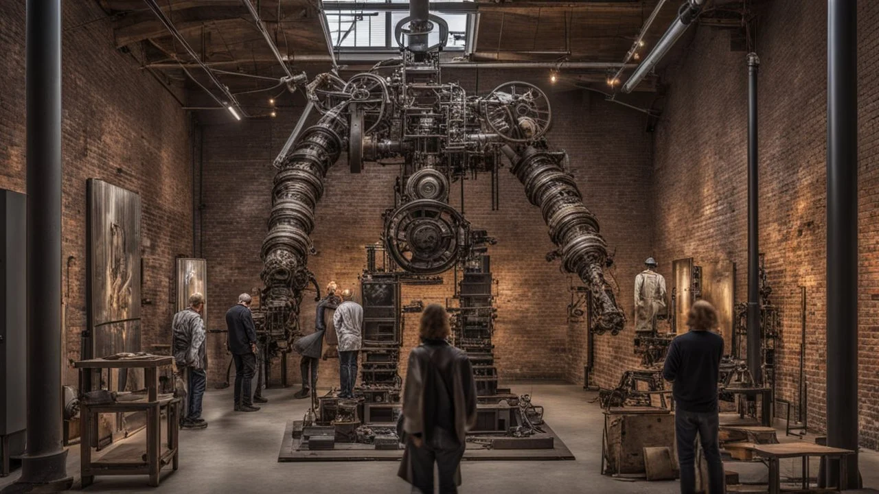 In the industrial setting a gallery opening with visitors in big old tall factory, in the front stands an human-machine big metal sculpture from handmade recycled objects, industrial art, devian art, metal textures, in background on the bricks walls pictures from steampunk things and abstract paintings, visitors watching pictures and sculpture, sharp focus, high detailed, beautifully shot, hyperrealistic, perfect composition