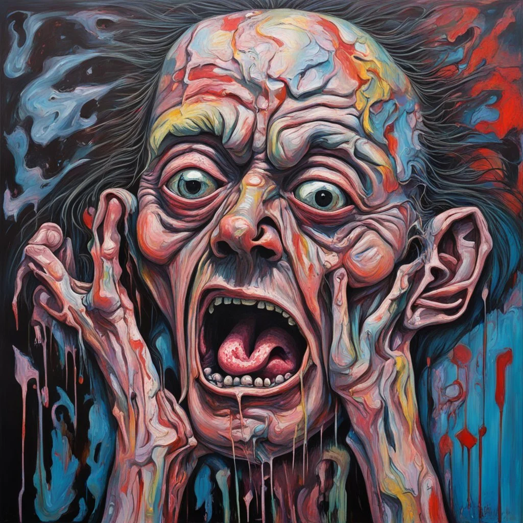 crying in pain, broken mind ,neo expressionism, acrylic painting, ultra detailed, grotesque, bizarre, strange