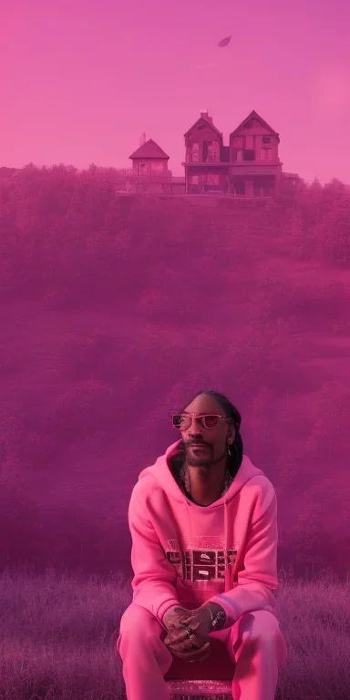 Snoop dogg sitting on a chair. pink houses, pink sky, pink smoke, moon, trees, wide angle