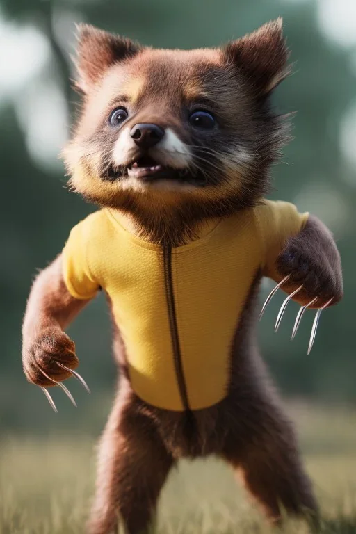 Wolverine toddler, full body, smile, bokeh, hyper realistic