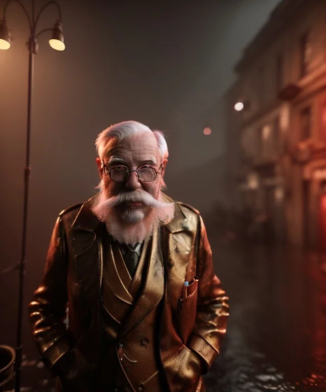 Surreal, steampunk, cabaret scene. Russian old man. Sweat, rain, smoking, happy, hot, people background, highly detailed, concept art, unreal engine 5, god rays, ray tracing, RTX, lumen lighting, ultra detail, volumetric lighting, 3d, finely drawn, high definition, high resolution.