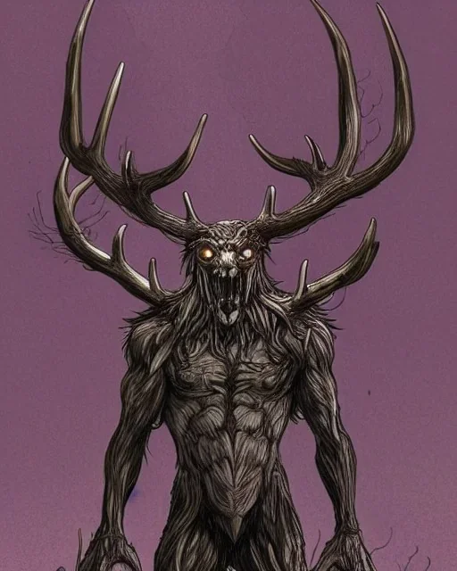 humanoid figure monster with antlers, highly detailed, digital art, sharp focus, trending on art station, kentaro miura manga art style, deep forest background