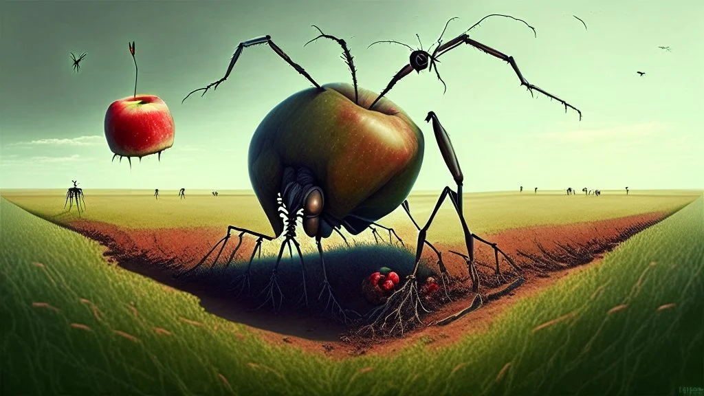 In a field where apples floated in the air, a giant ant observed the world with its only eye, while the feet of passers-by became roots searching for buried bones.