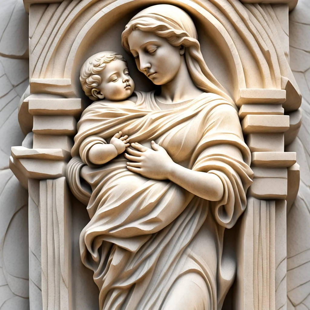 arafed statue of a woman holding a child in her arms, stone carving, low - relief stone sculpture, sculpture of carving marble, religious sculpture, carved in marble, carved in stone, stone relief, with infant jesus, relief sculpture, carved stone, 3 d sculpture of carving marble, stone sculpture, bas relief, mother, highly detailed sculpture