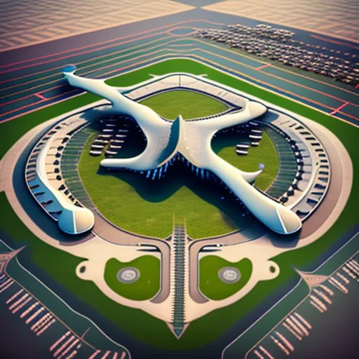 Symmetrical aerial view of an ant-shaped airport, spectacular, impressive, ultra quality, maximalist, 8k 3D