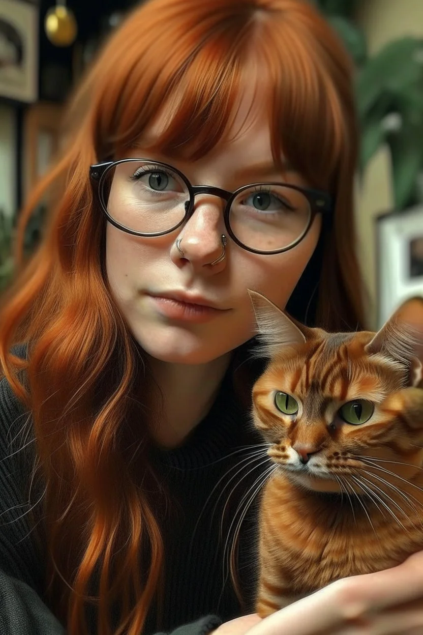 girl with ginger hair in a fringe with glasses and a septum piercing biting a cat