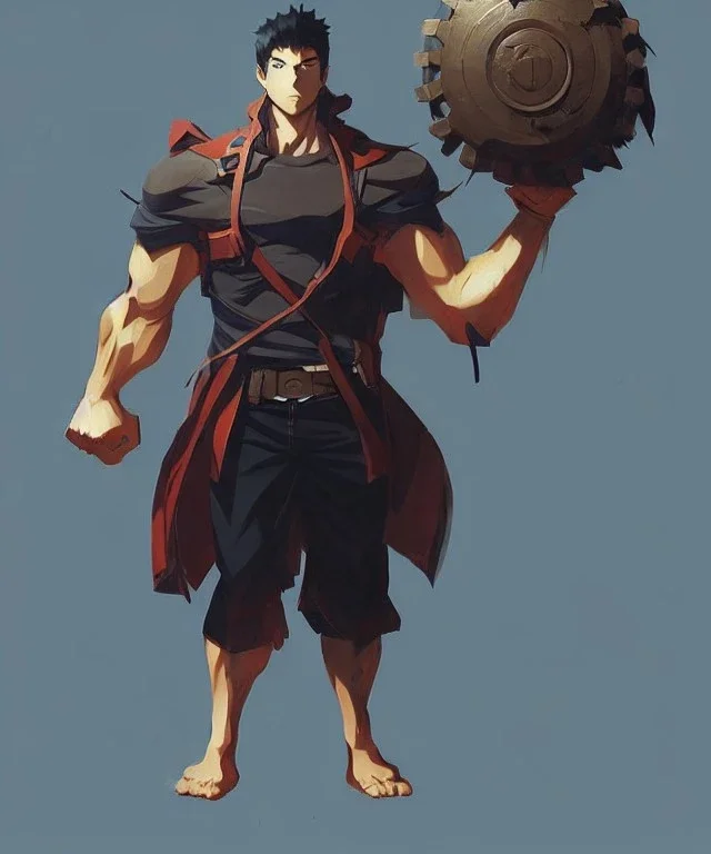 A young anime strong man, character design, Greg Rutkowski