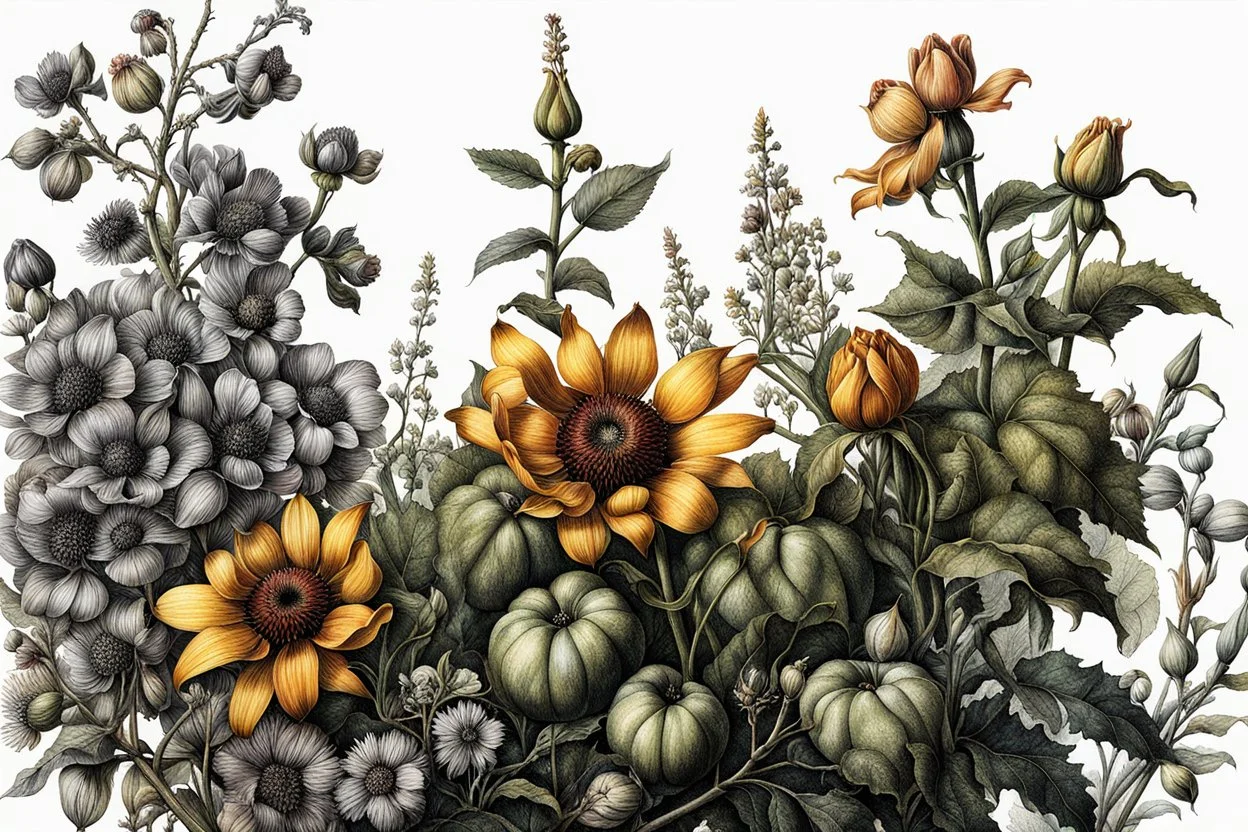 botanical pen and ink illustration, ultra realistic, award-winning: atmospheric: commanding: fantastical: clarity: 16k: ultra quality: striking: brilliance: stunning colors: masterfully crafted in the style of Albrecht Durer and Rogan Brown
