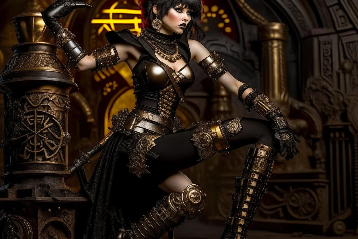 a pale-skinned Cleopatra, with a bob hairstyle, in a steampunk setting, black boots, in a fighting stance