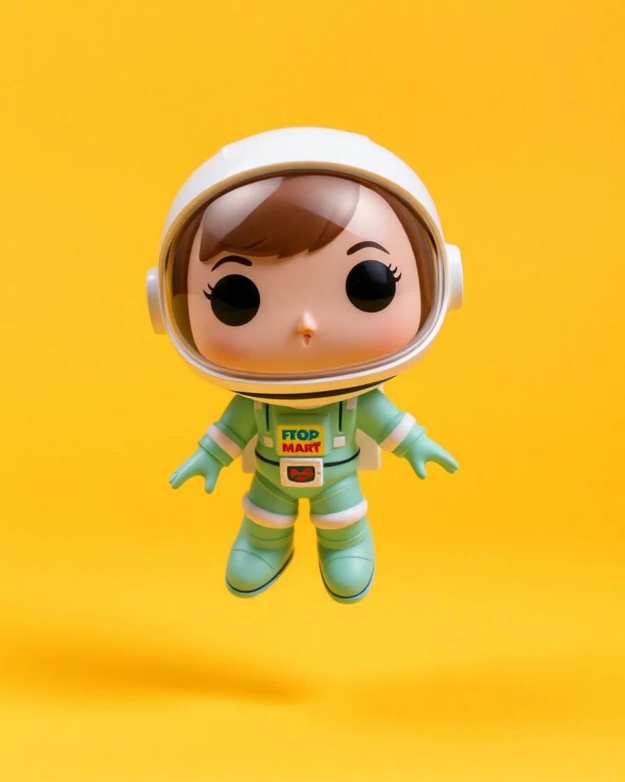 pop mart's space molly cosmonaut figurine, floating on solid background color