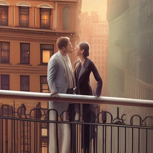 a man and a woman screaming at each other on a balcony, downtown new york, dramatic, dramatic lighting, volumetric lighting, hyperrealism, 8k, high quality, photorealistic, lot of details