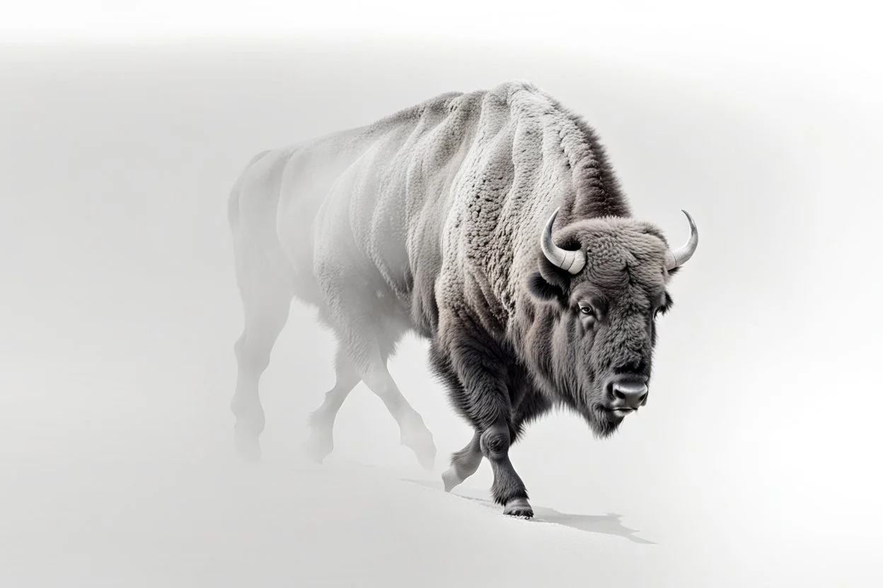 Bison walking towards viewer's right, on white background, fades out on the left