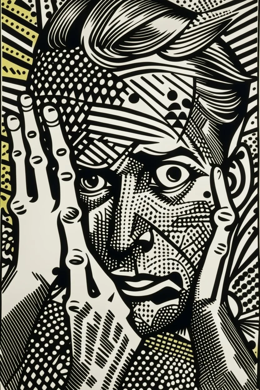 tribal man in grief with hands on face pencil draw style of roy lichtenstein