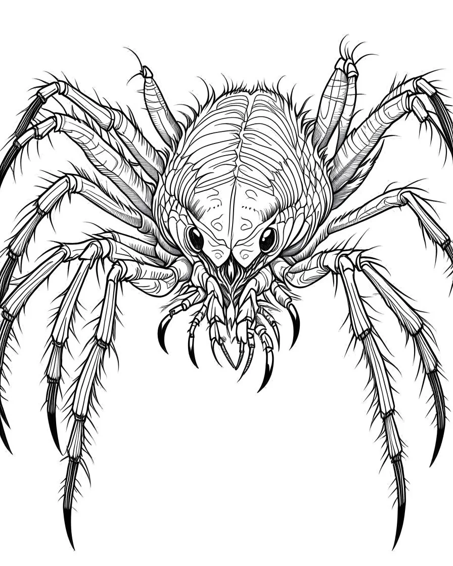 Cartoon outline, Goliath Bird-eating Spider, coloring pages, no color, highly detailed, black and white, white background, highly detailed