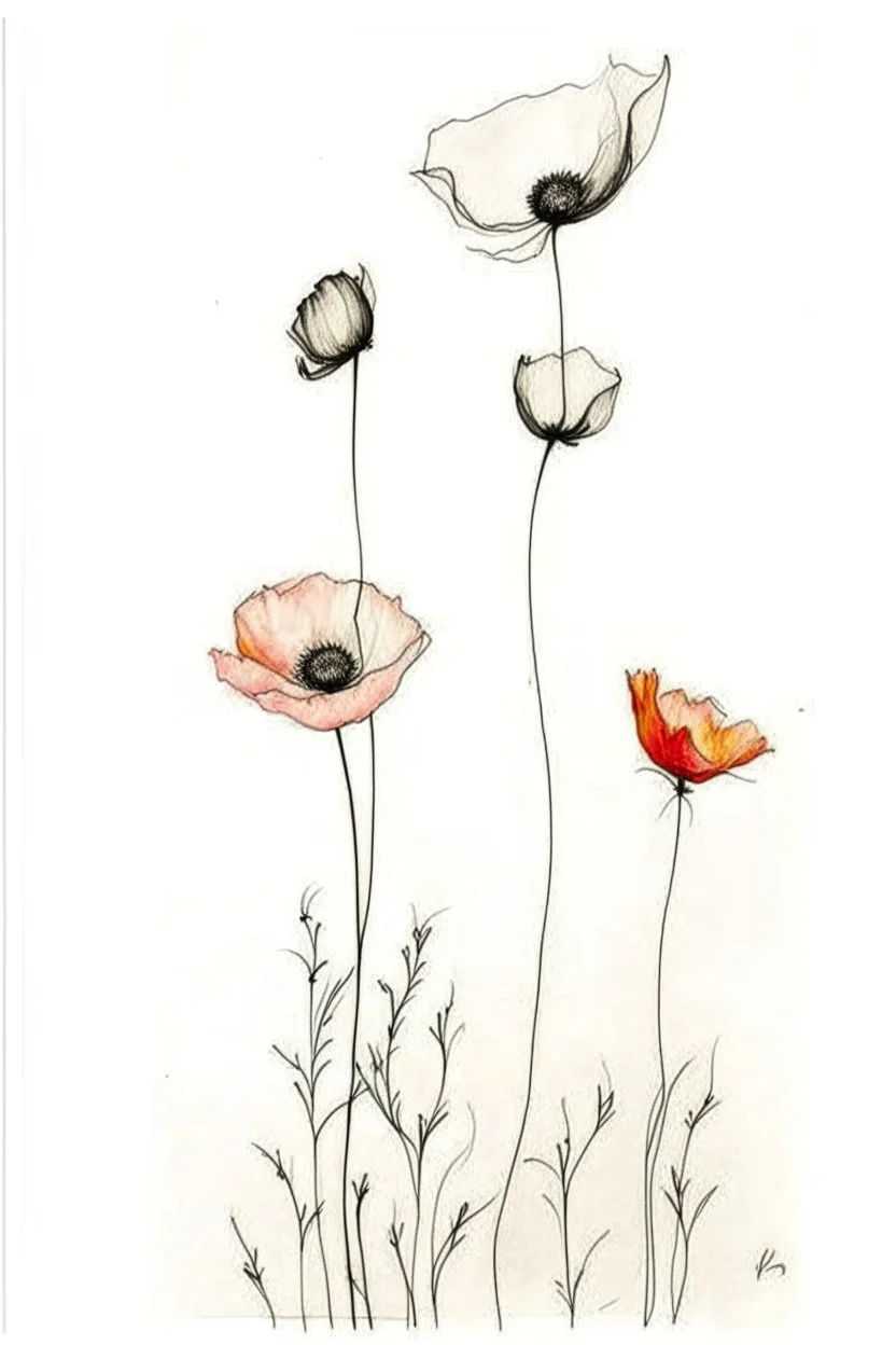 Minimalist ink pencil and charcoal drawing of poppies