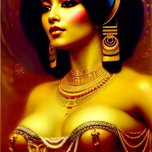 Drawing of beautiful face,busty 'cleopatra',throne,hieroglyphics,balanciaga fashion clothe painting by gaston bussiere, greg rutkowski, yoji shinkawa, yoshitaka amano, tsutomu nihei, donato giancola, tim hildebrandt, oil on canvas, cinematic composition, extreme detail,fit full head inside picture,16k