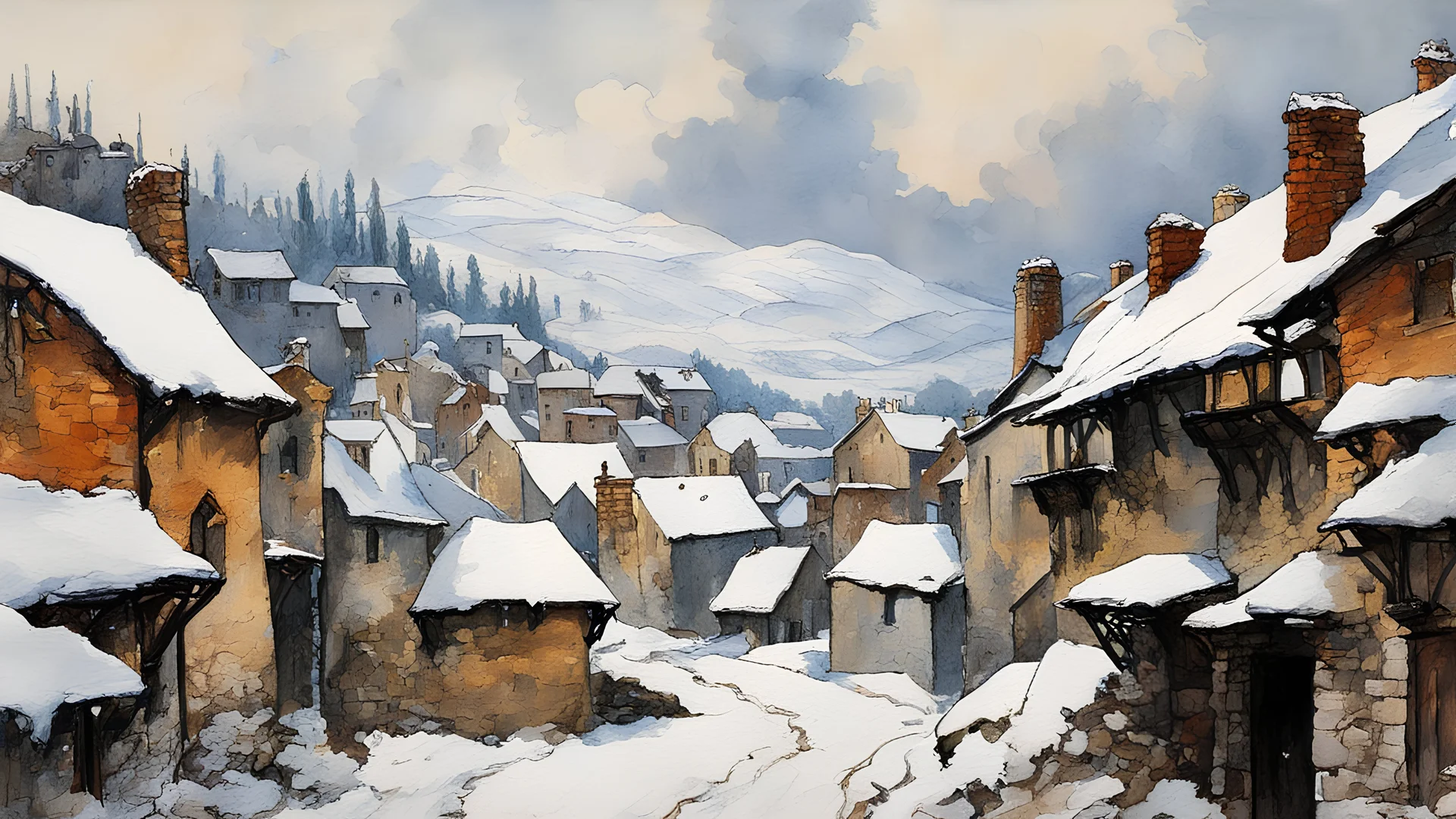 ink oil painting of a medieval Italian village landscape in winter, smoke rising from chimneys and icicles hang from the eaves, in the impressionist style of Childe Hassam, mixed with art nouveau, and abstract impressionism, and the comic art style of Jean-Giraud Moebius, precise and sharply defined brickwork and stone edges, in subdued natural colors